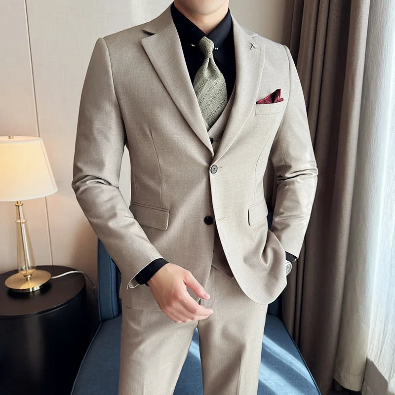 Wool 6% (Jakcet + Vest + Pants ) High-end Brand Mens Solid Color Leisure Business Suit 3Pcs Sets Groom Wedding Dress Party Suit