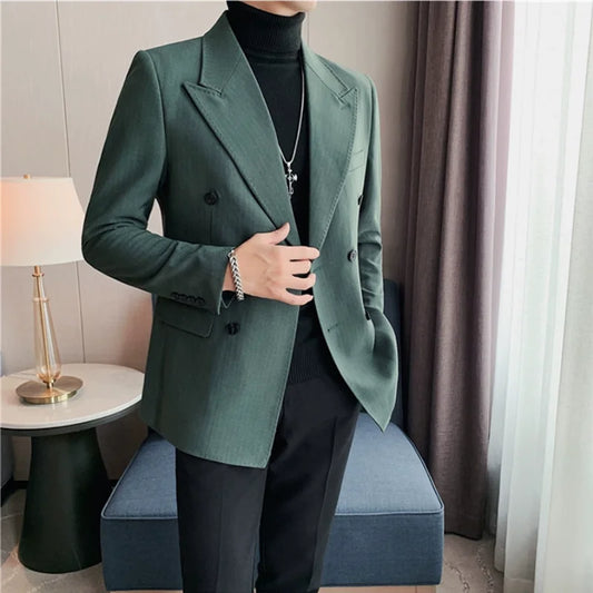 Classic Luxury Striped Men Suit Jacket Fashion Double Breasted Business Office Wedding Tuxedos Male High Quality Slim Fit Blazer