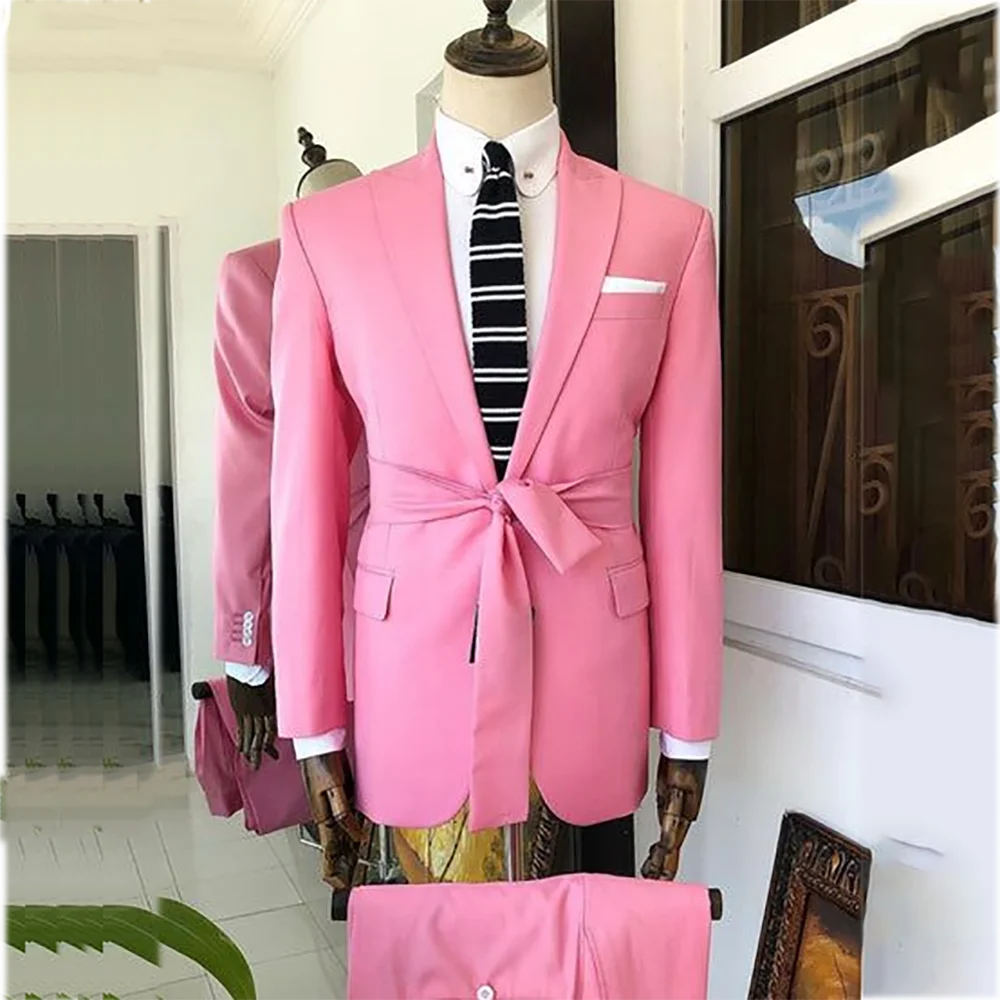 Elegant Pink Full Men's Suit Classic Peaked Lapel Blazer with Blazer Wedding Guest Fashion Show Prom Costume Male Set Two Piece