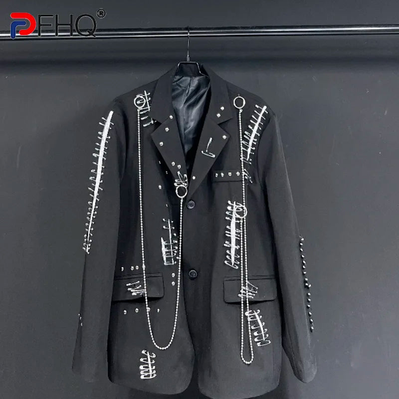 PFHQ Solid Color Long Sleeve Metal Chain Causal Blazers For Men Single Breasted Men's Rivet Coat 2023 Summer New Tide 21F4067