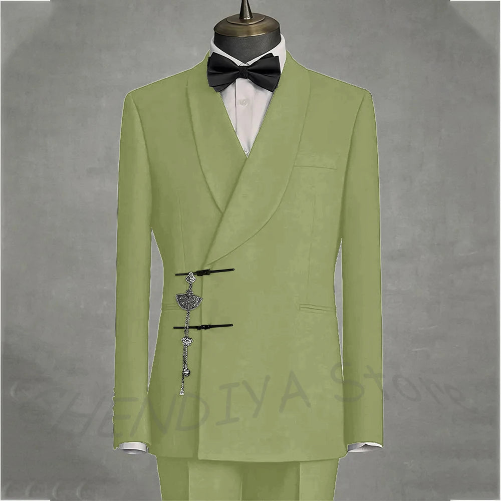 Solid Black Men's Suits Slim Fit Double Button Business Pants Suit Tailored Prom Party Wedding 2 Piece Jacket With Pants
