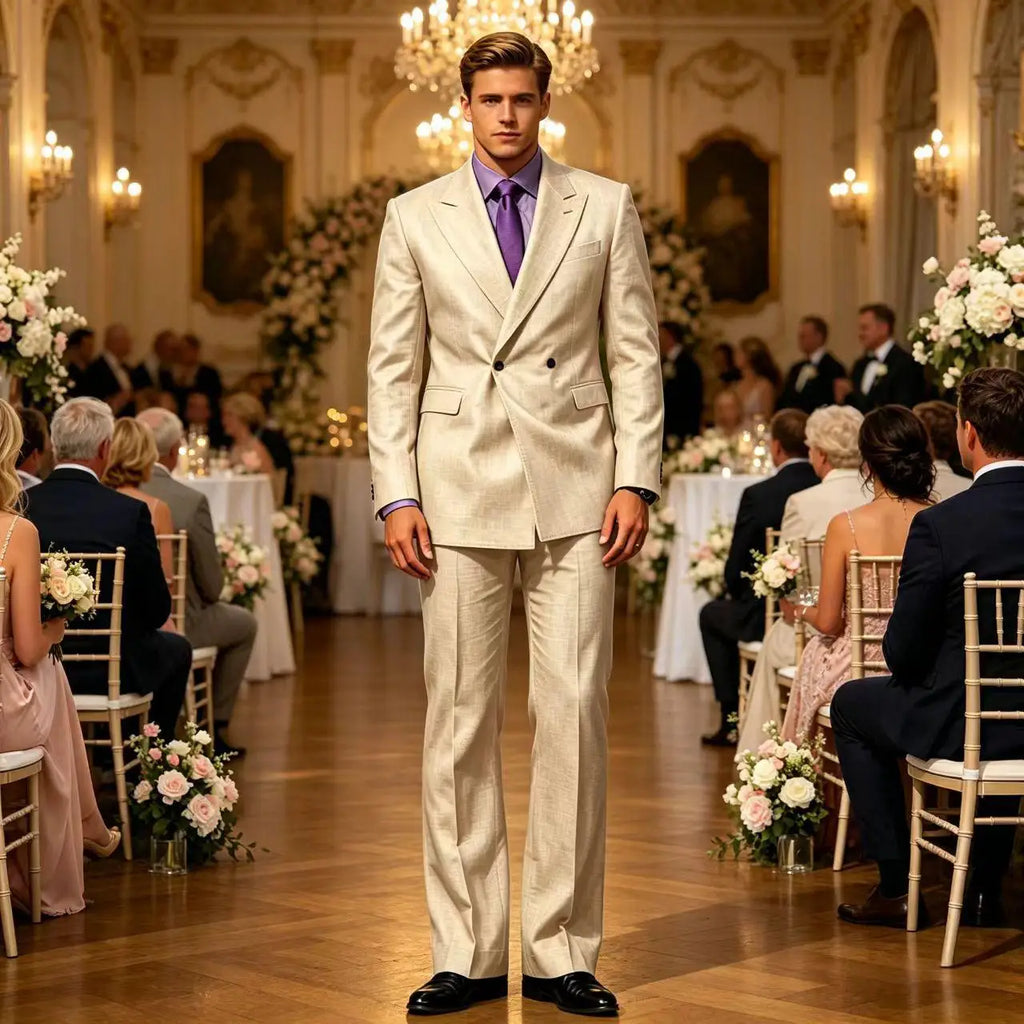 Vintage Men's Beige Linen Suit Notched Lapel Double Breasted Formal Blazer Set Summer Lightweight Wedding Party Trousers Suit Fo