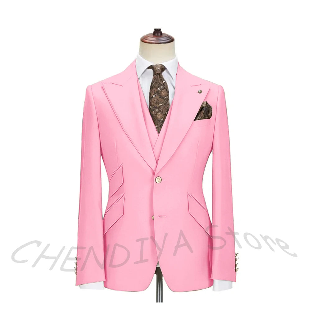 Solid Color Men's Suits 3 Piece (Blazer+Pants+Vest) Fashion Peak Lapel Single Breasted Prom Male  Business Casual Clothing