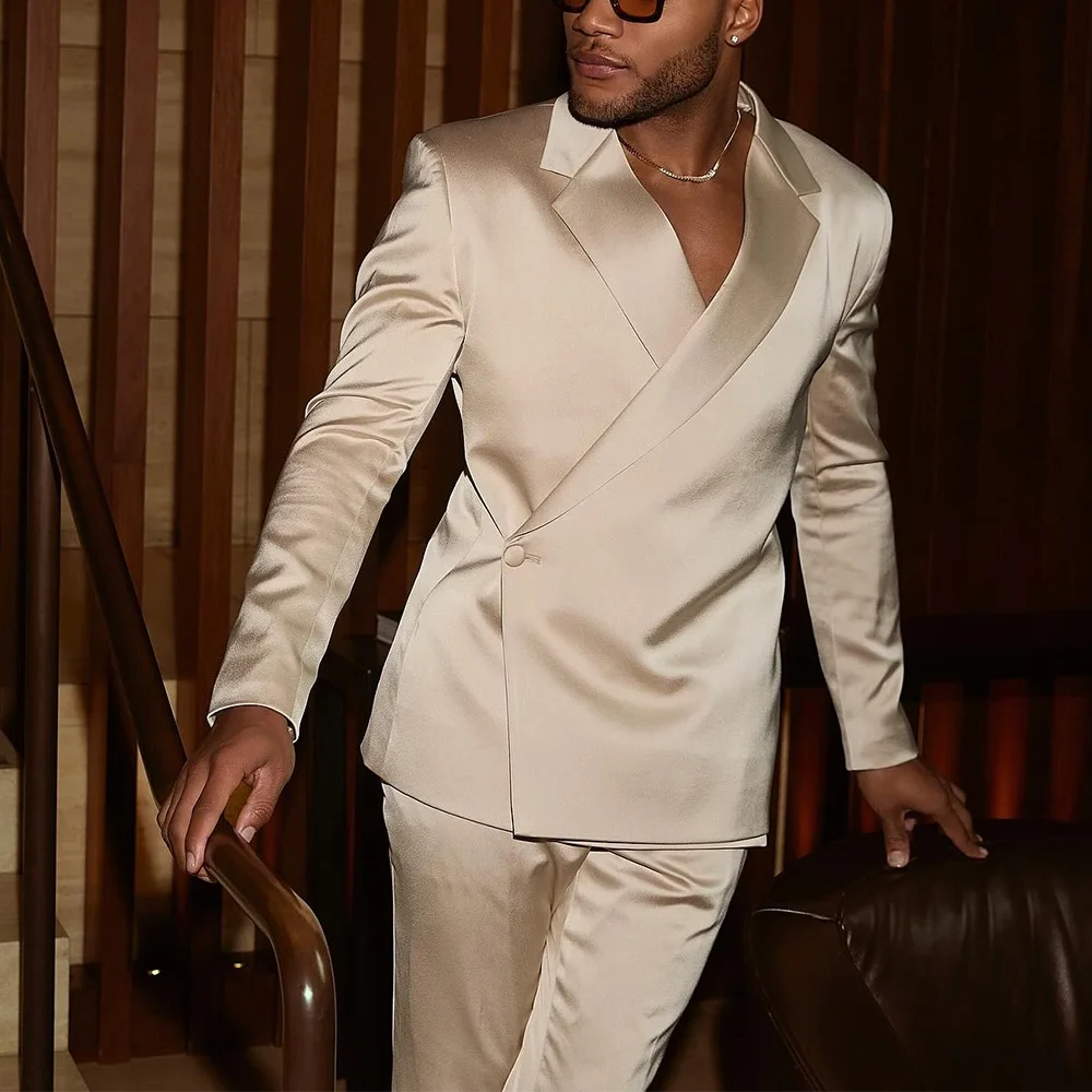 Fashion Notch Lapel Satin Men Suit High Quality Single Button Slim Fitted Outfit Jacket Pants Model Show Party Prom Male Set