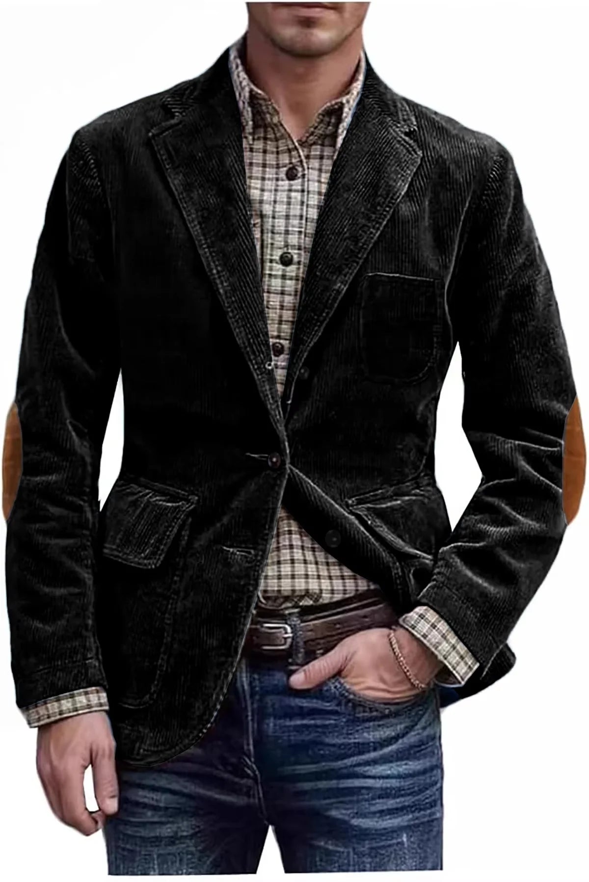 Men's Hunting Corduroy Blazer with Elbow Patches Vintage Tan Notched Lapel Casual Jacket British Slim Fit Daily Work Suit Coat