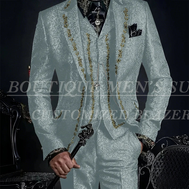 Elegant Black Jacquard Men Suits Embroidery Single Breasted Slim Fit 3 Piece Jacket Pants Vest Male Clothing Blazer Terno 2024