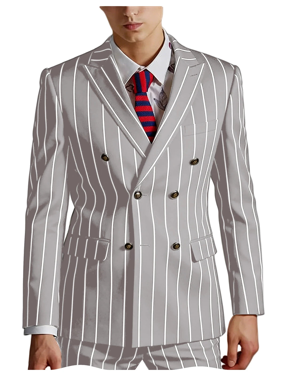 Men's Pinstripe 2 Piece Suit Set Double Breasted Peak Lapel Slim Fit Striped Tuxedo Suit For Wedding Prom Business Formal