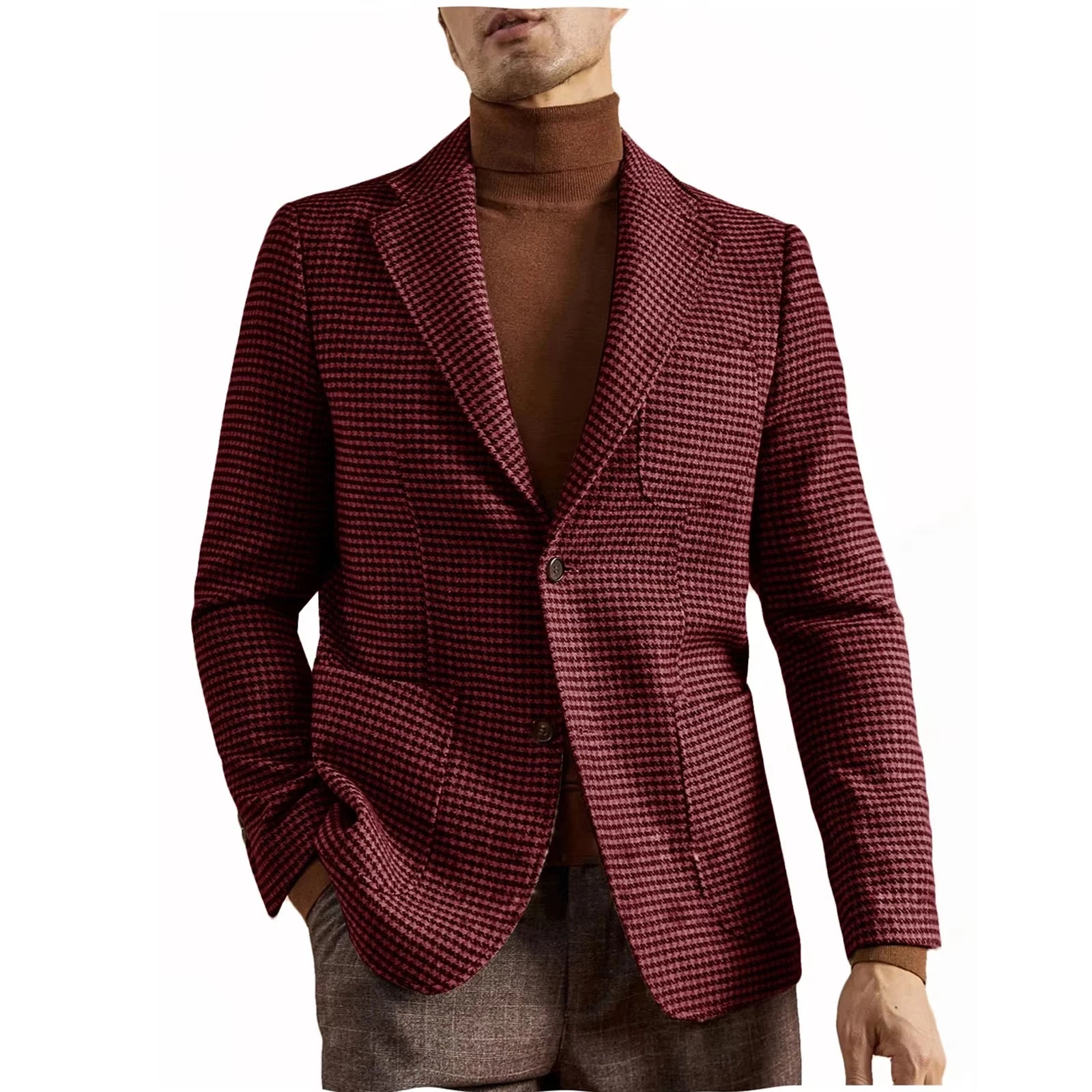 Men's Houndstooth Blazer Luxury Peak Lapel Slim Fit Wool Blend Suit Jacket For Classic Business Casual Fall Winter with Pockets