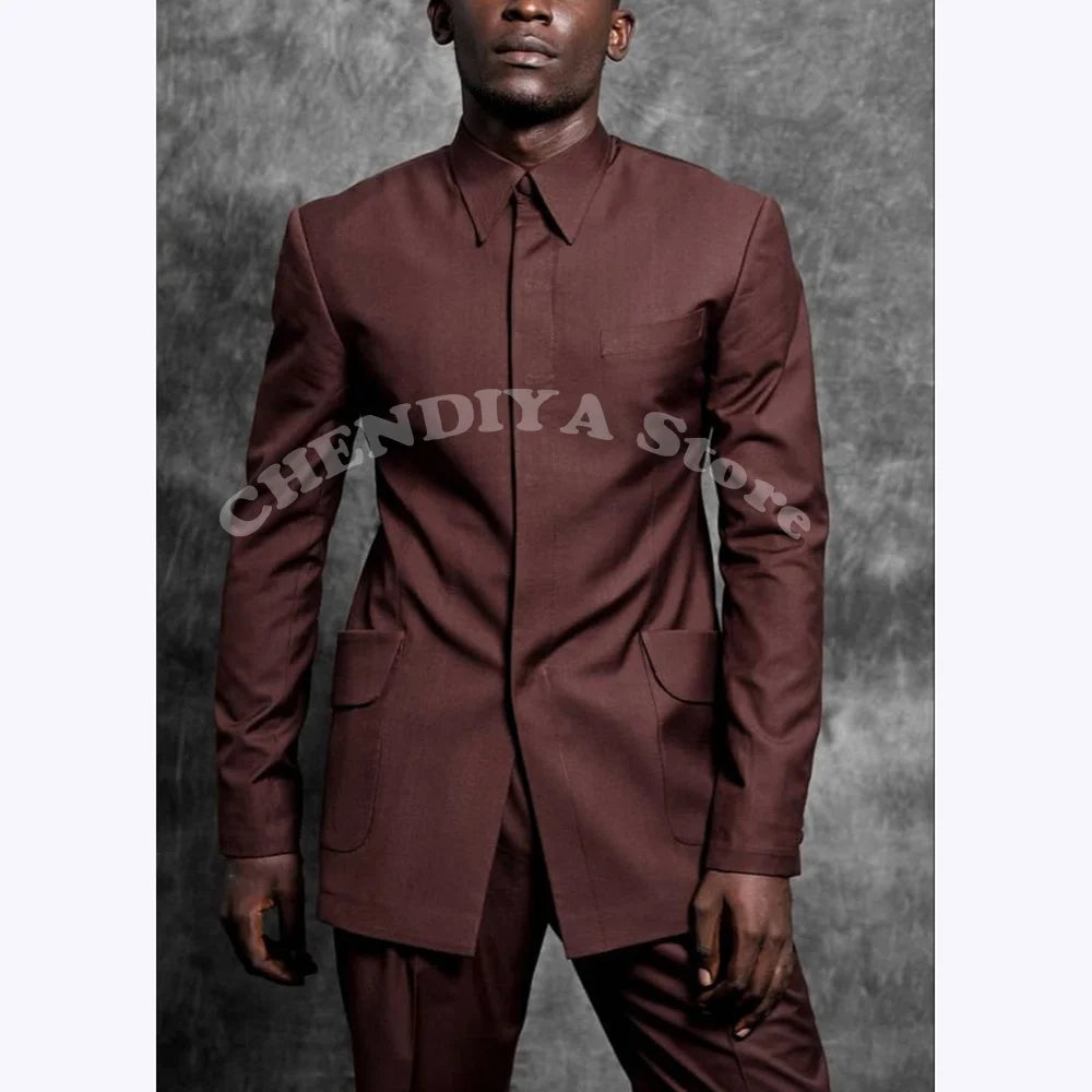 Tailored Suits Stand Collar Tuxedo Gentleman Solid Color Outfit Man Suit Set 2 Piece Smart Casual Daily Office Male Clothing