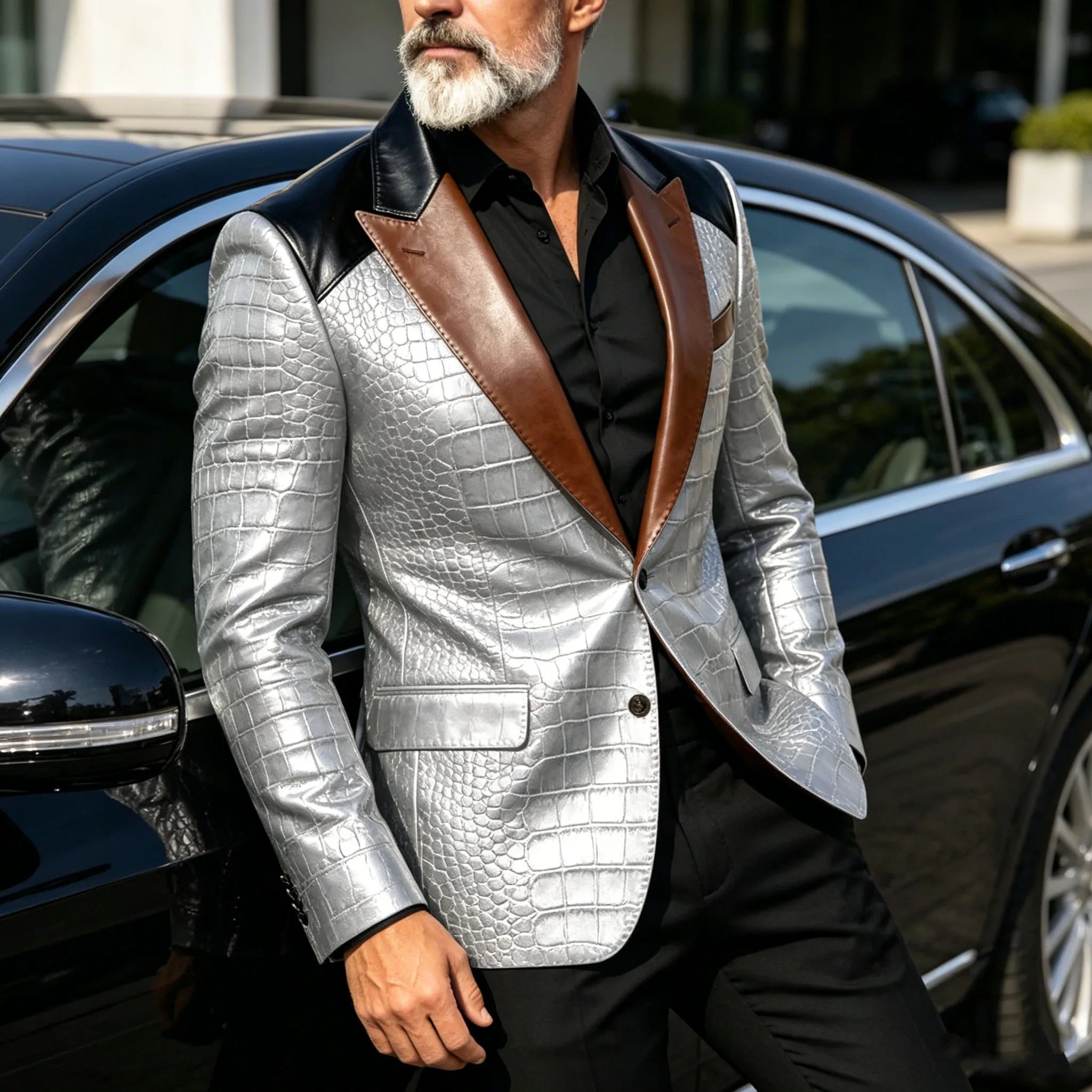 Men's Crocodile Embossed Leather Blazer Luxury Patchwork PU Leather Suit Jacket Slim Fit Peaked Lapel Casual Business Outerwear