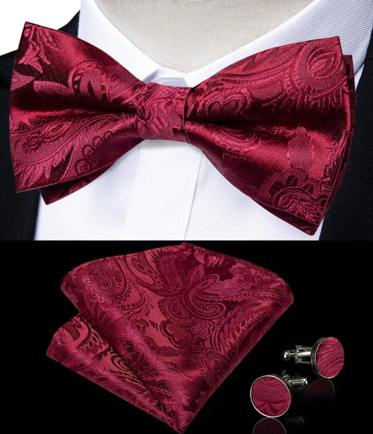 Fashion Men's Red Wedding Bowtie Corsage Pocket Square Bufflinks para festa de negócios Solid Paisley Luxuja seda pré-amarrada