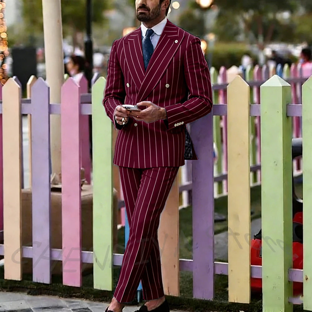 Light Purple Striped Men Suit England Style Peaked Lapel Double Breasted Classic Male Clothing Wedding Groom Tuxedo Custom Set