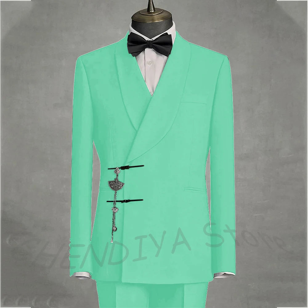 Solid Black Men's Suits Slim Fit Double Button Business Pants Suit Tailored Prom Party Wedding 2 Piece Jacket With Pants
