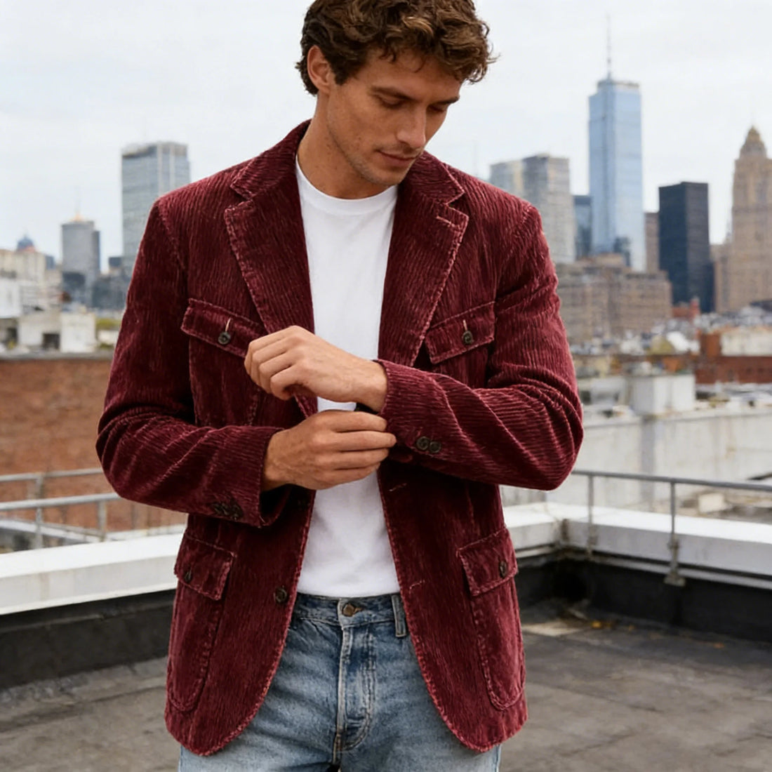 Vintage Men's Corduroy Casual Blazer Slim Fit Solid Color Black Brown Fashion Single Breasted Outerwear Customized Male's Jacket