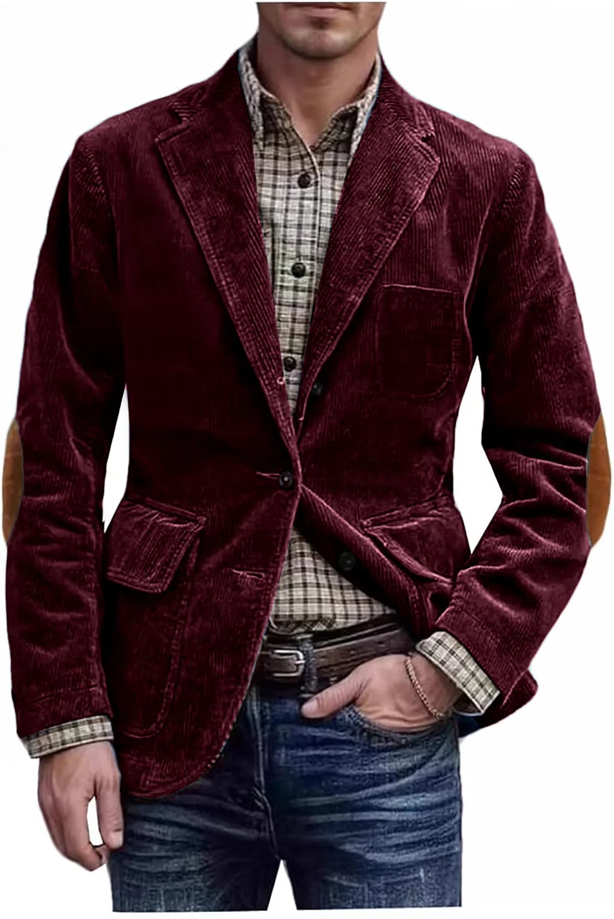 Men's Hunting Corduroy Blazer with Elbow Patches Vintage Tan Notched Lapel Casual Jacket British Slim Fit Daily Work Suit Coat