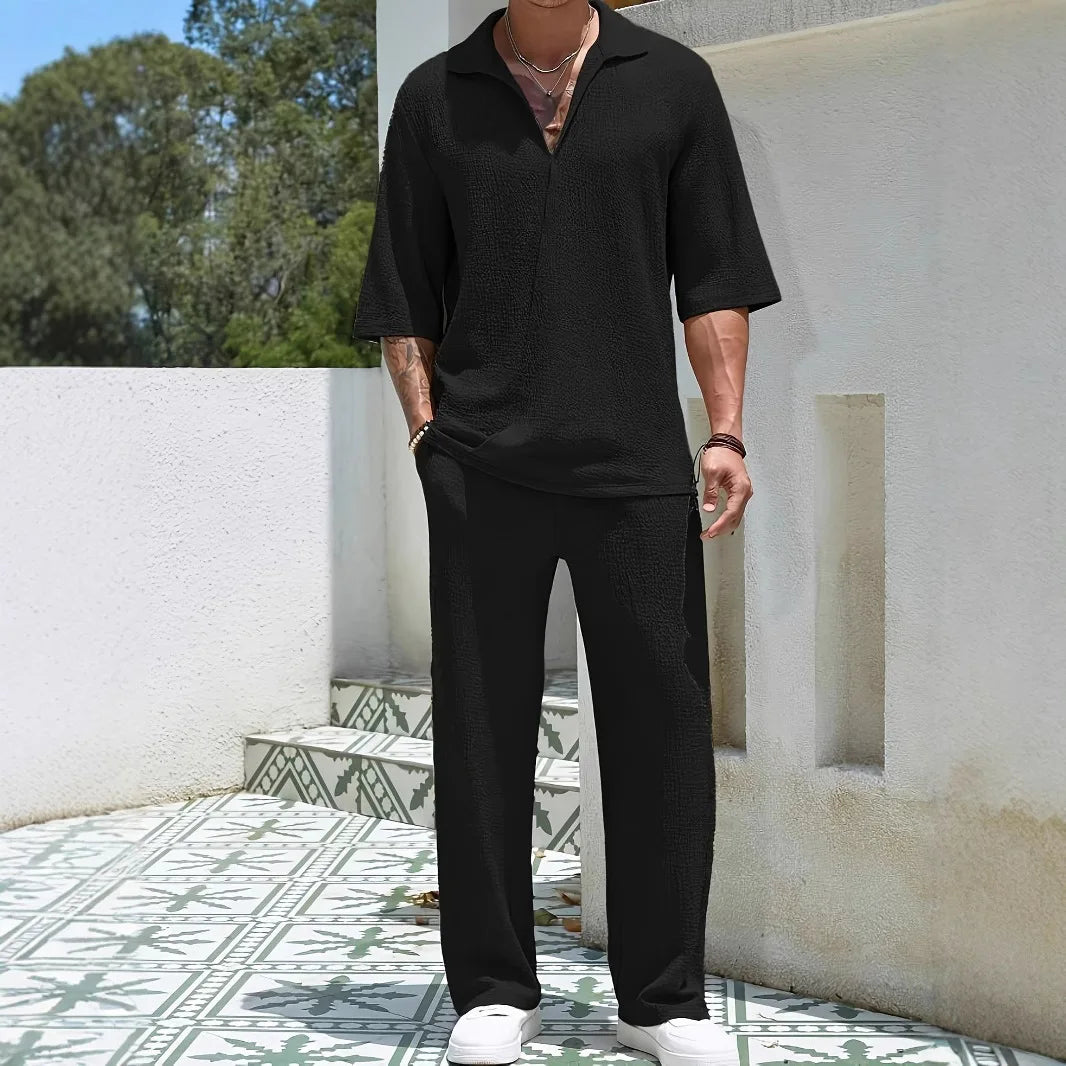 A Two-piece Set of Solid Color Half-sleeve and Long Pants for The  Spring New Commuter Men's Casual Shirt in Europe and America