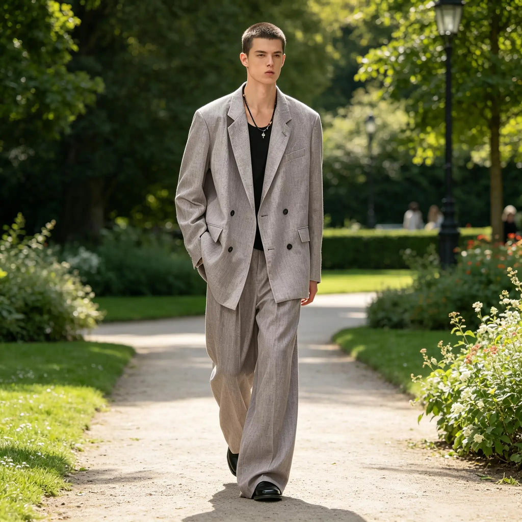 Men's Linen Suit 2-Piece Double Breasted Slim Fit Blazer Straight Leg Pants For Summer Casual Business Wedding Streetwear
