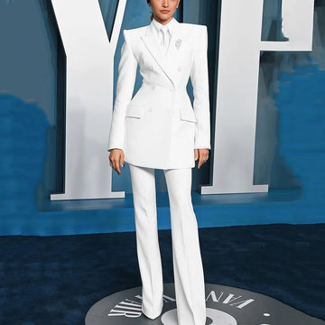 Luxury White Women's Suit 2 Pieces Double Breasted Jacket & Pants Smart Casual Female Pantsuit Customize Conjuntos Femininos