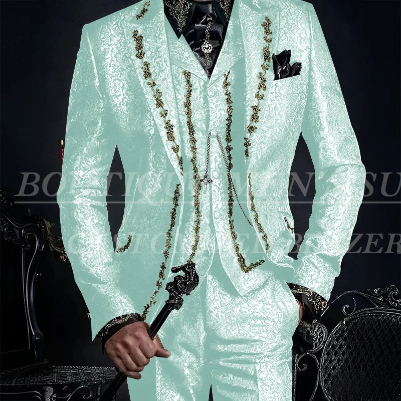 Elegant Black Jacquard Men Suits Embroidery Single Breasted Slim Fit 3 Piece Jacket Pants Vest Male Clothing Blazer Terno 2024