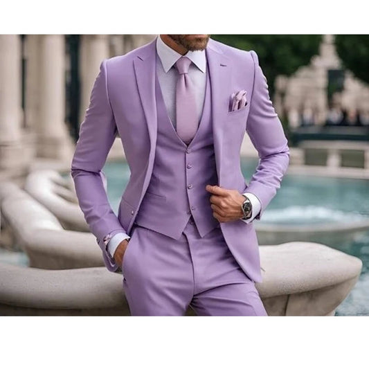 Suits for Men Lilac Stylish 3 Piece Classic Tuxedos Blazer Vest Pants Formal Elegant Male Wedding Groomsman Bespoke