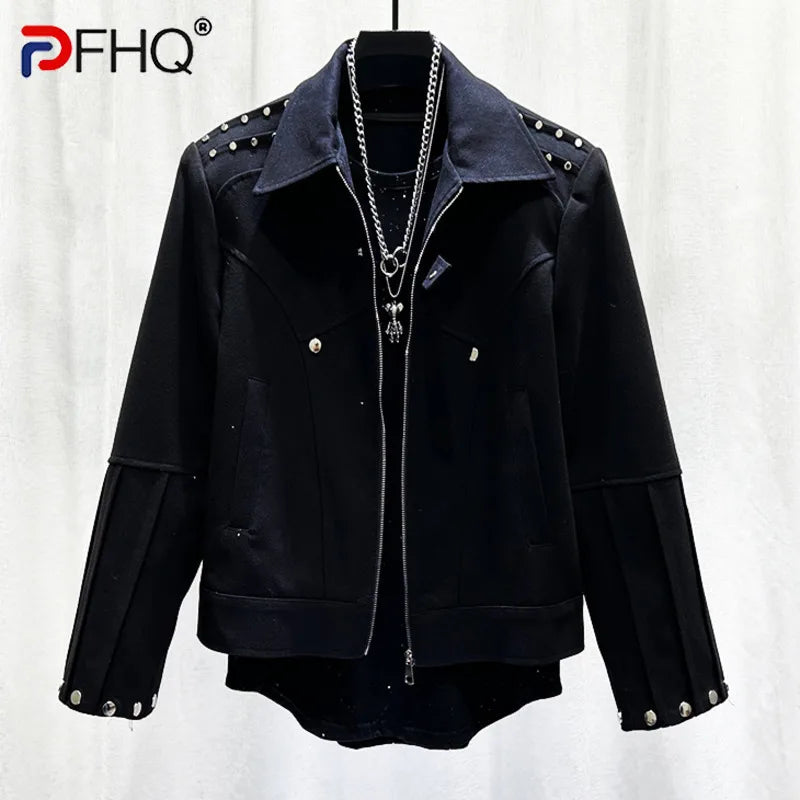 PFHQ Men's Rivet Zipper Jacket Autumn Winter Turn-down Collar 2024 Korea Fashion Darkwear Long Sleeve Male Tops 21Z7626