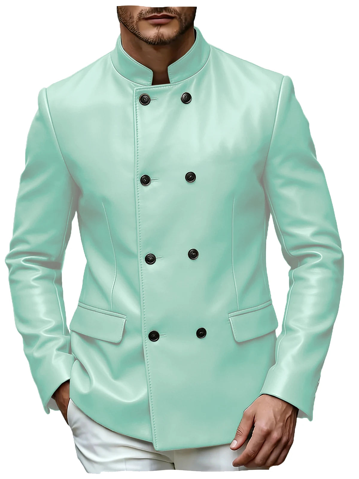 Men's Blazer Stand Collar Faux Leather Jacket High Quality Double Breasted Slim Fit Casual Coat For Business Office Outerwear
