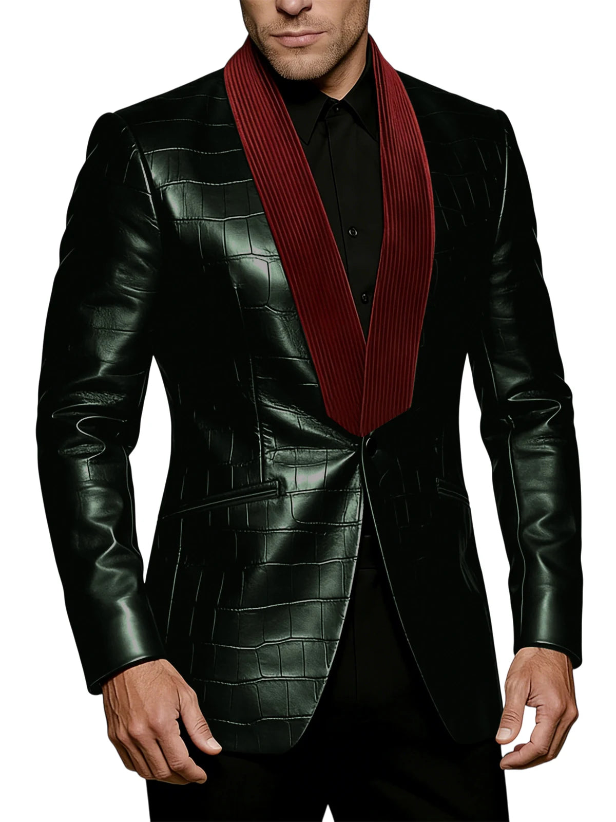 Men's Crocodile Pattern Leather Blazer Corduroy Patchwork 1 Button Shawl Collar Suit Jacket Slim Fit Business Formal Outerwear