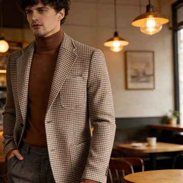 Men's Houndstooth Blazer Luxury Peak Lapel Slim Fit Wool Blend Suit Jacket For Classic Business Casual Fall Winter with Pockets