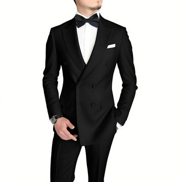 Classic Black Men's Suit Fashion Peak Lapel Double Breasted Outfits Wedding Groom Prom Business Formal Suit (Jacket+Pants)