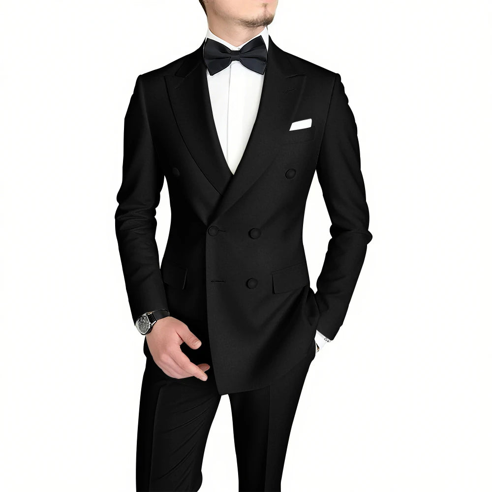 Classic Black Men's Suit Fashion Peak Lapel Double Breasted Outfits Wedding Groom Prom Business Formal Suit (Jacket+Pants)