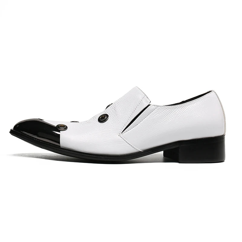 New Handmade Men's Metal Leather Toe Dress  Anti Odor Breathable  Fashionable Hole Decoration White Party Shoes