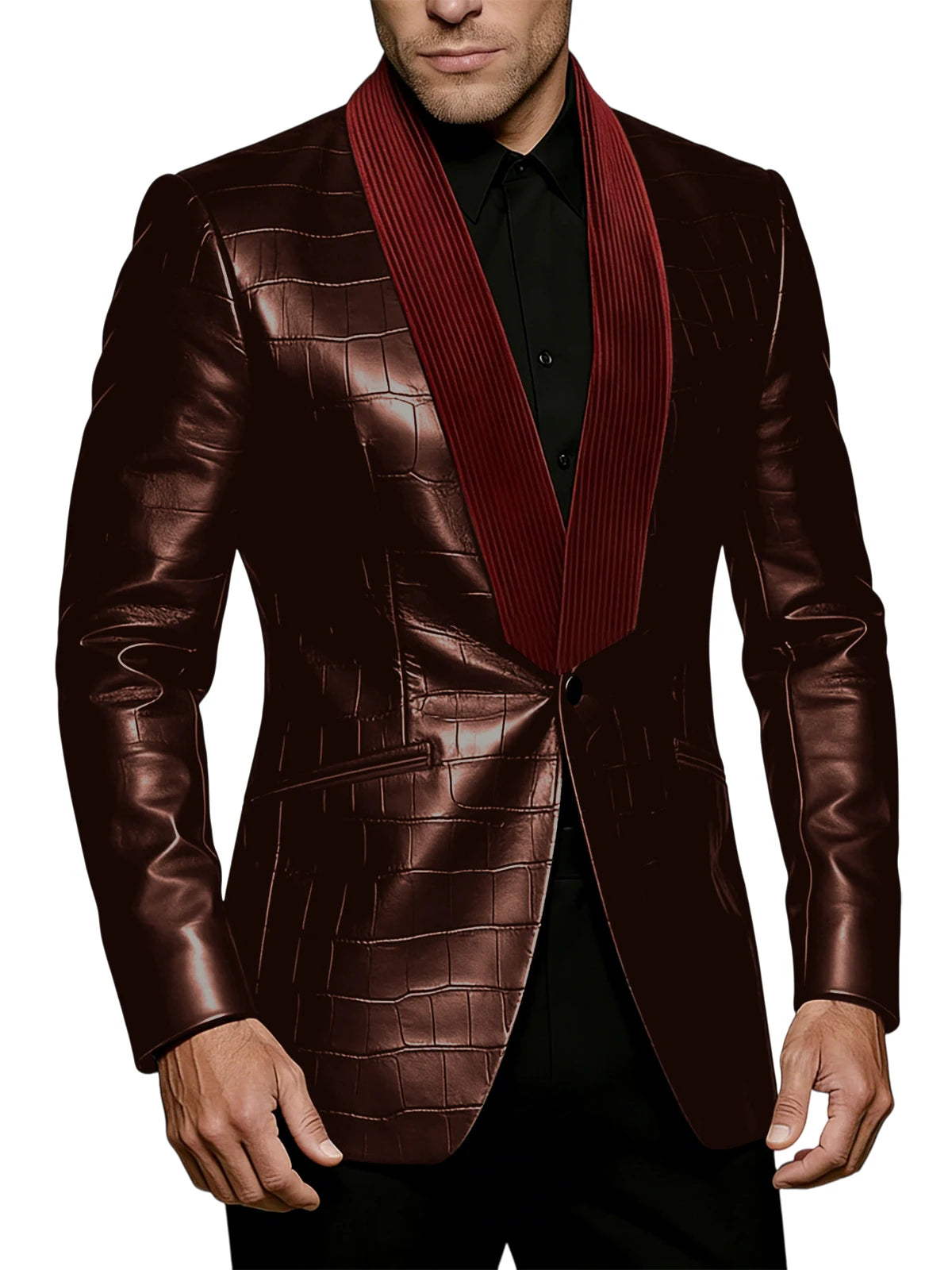 Men's Crocodile Pattern Leather Blazer Corduroy Patchwork 1 Button Shawl Collar Suit Jacket Slim Fit Business Formal Outerwear
