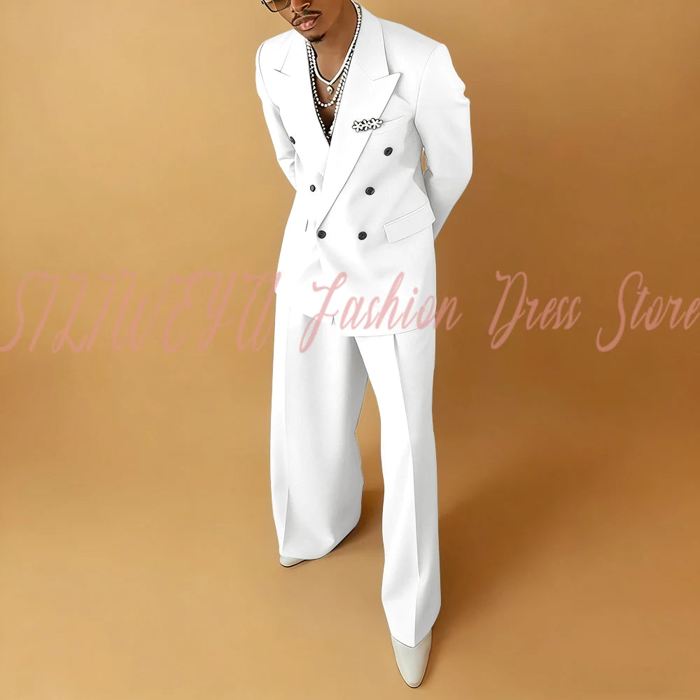 Double Breasted Men Solid Color Suit 2 Pieces Jacket Pants Business Casual Social Party Male Clothing Best Man Costumes Hommes