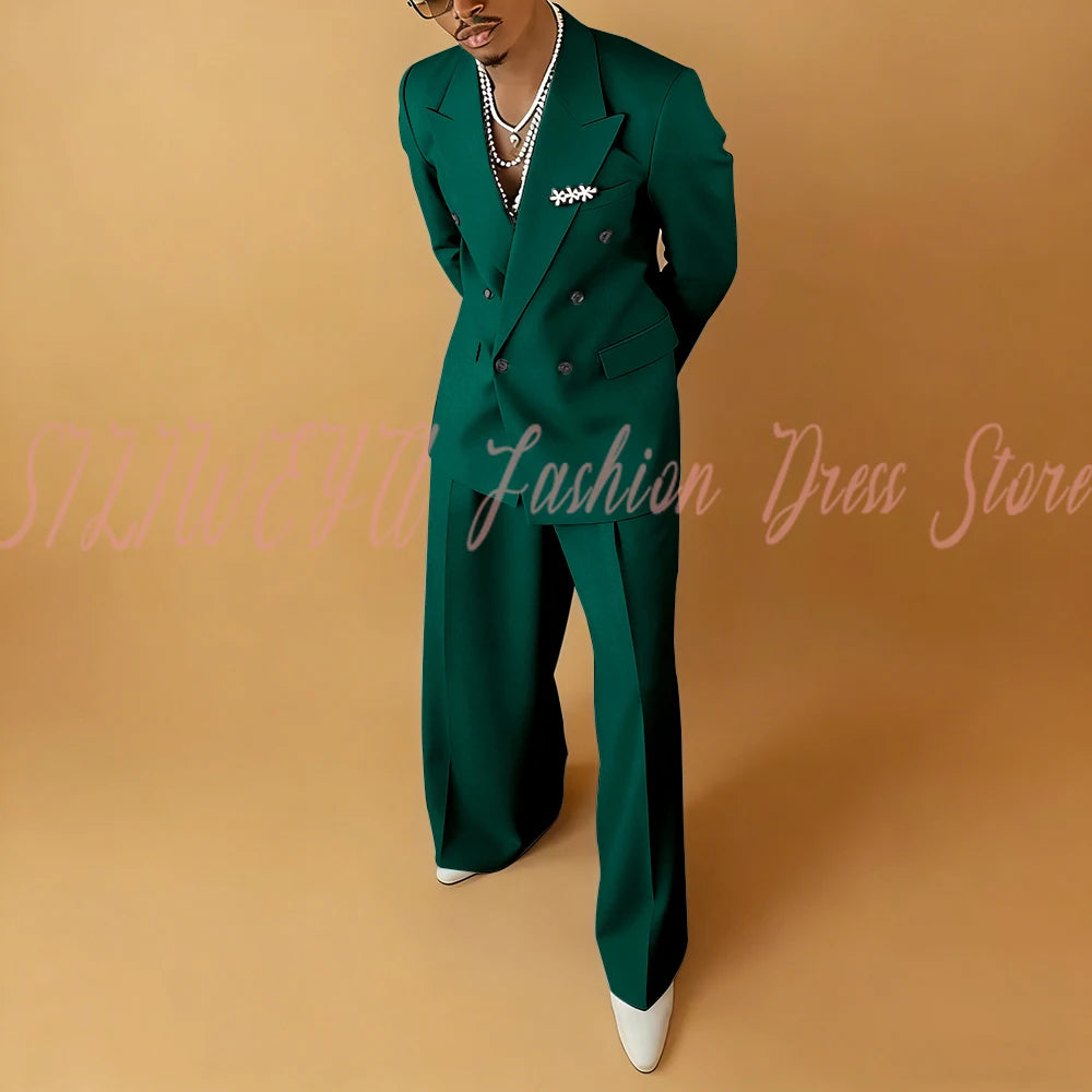 Double Breasted Men Solid Color Suit 2 Pieces Jacket Pants Business Casual Social Party Male Clothing Best Man Costumes Hommes