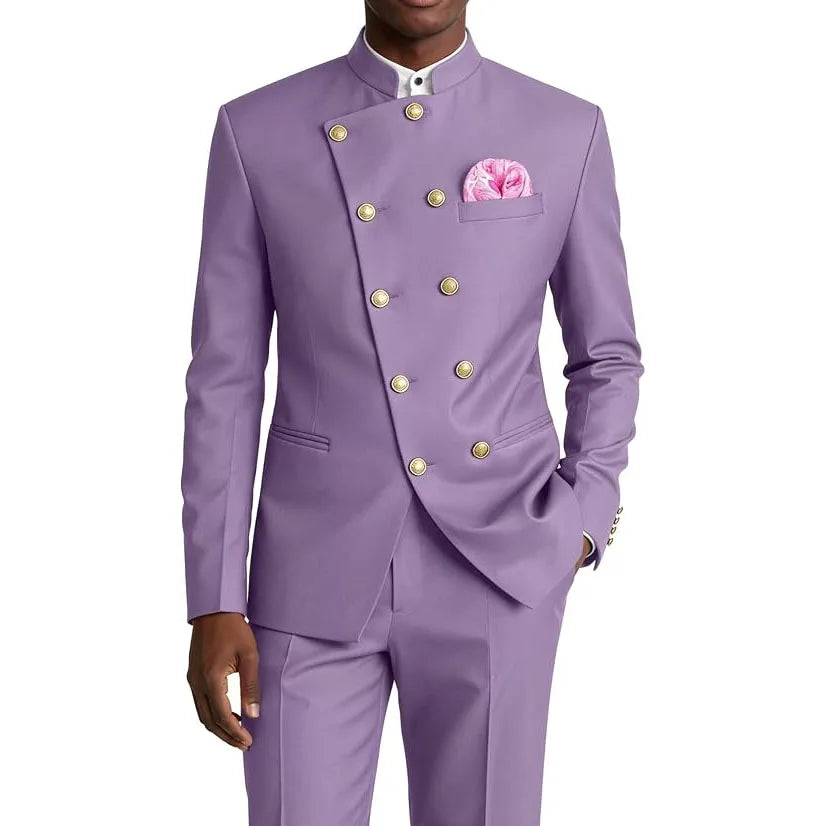 Men's Chinese Style Suit 2 Piece Brown Mandarin Collar Double Breasted With Gold Buttons Formal Jacket Pants For Business Weddin