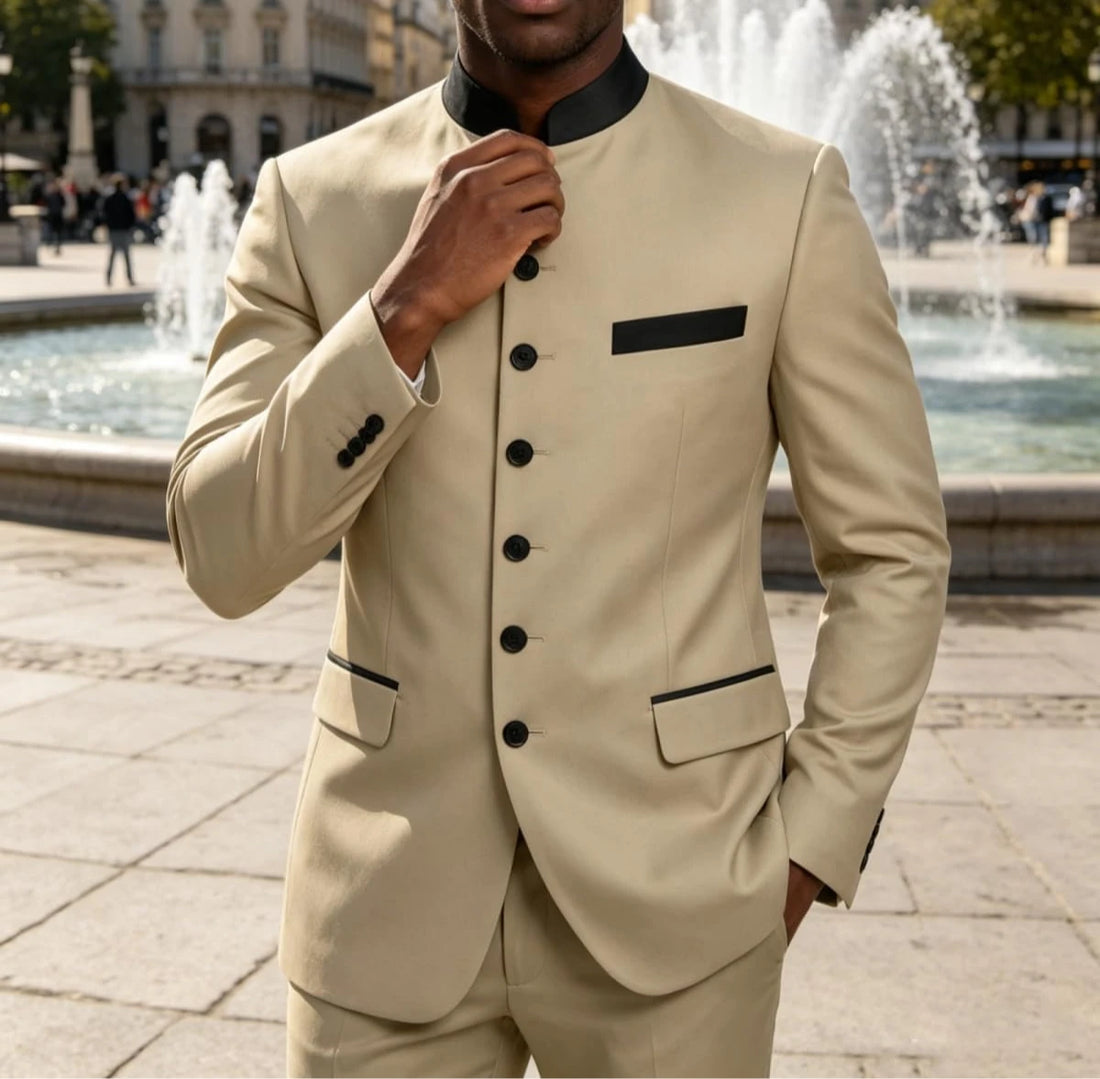 Chinese Tunic Suit Mens 2 Piece Chinese Suits for Men Slim Fit Mandarin Collar Suits for Wedding Prom Party