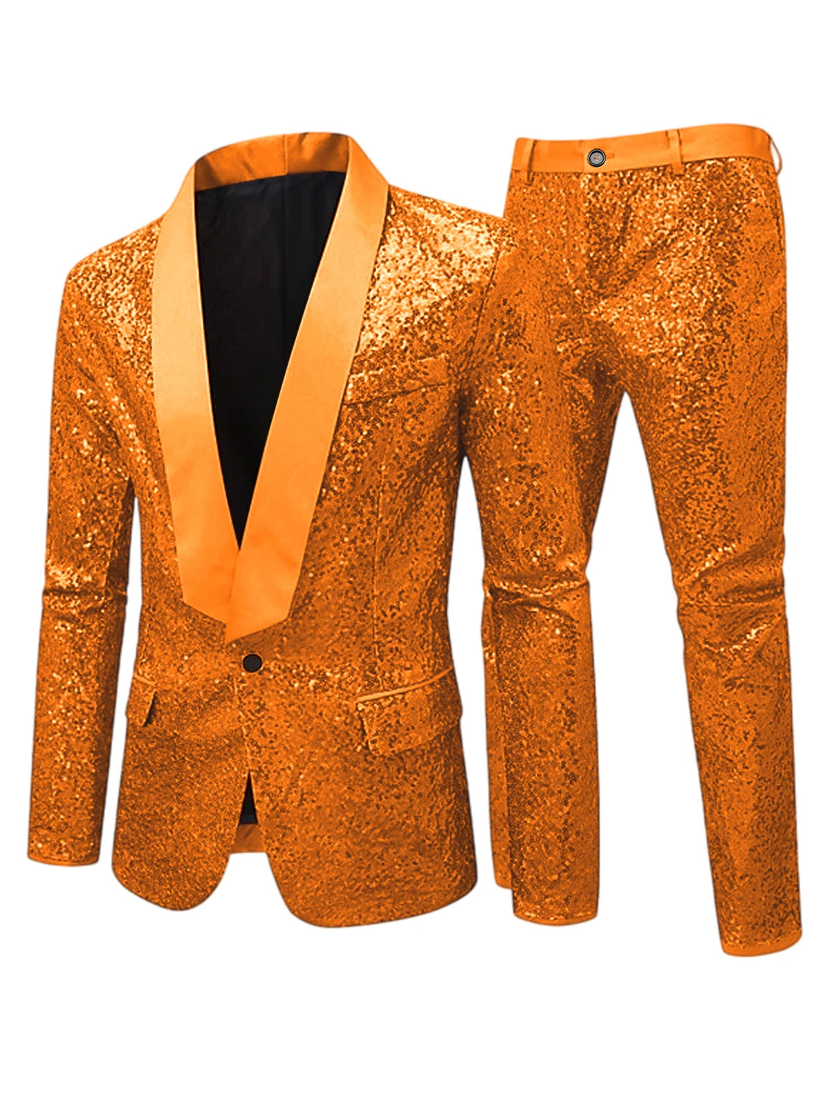 Men's Sequin Tuxedo Suit Set Shiny One Button Satin Patchwork Shawl Lapel Slim Fit 2 Piece Blazer Pants For Wedding Party Prom