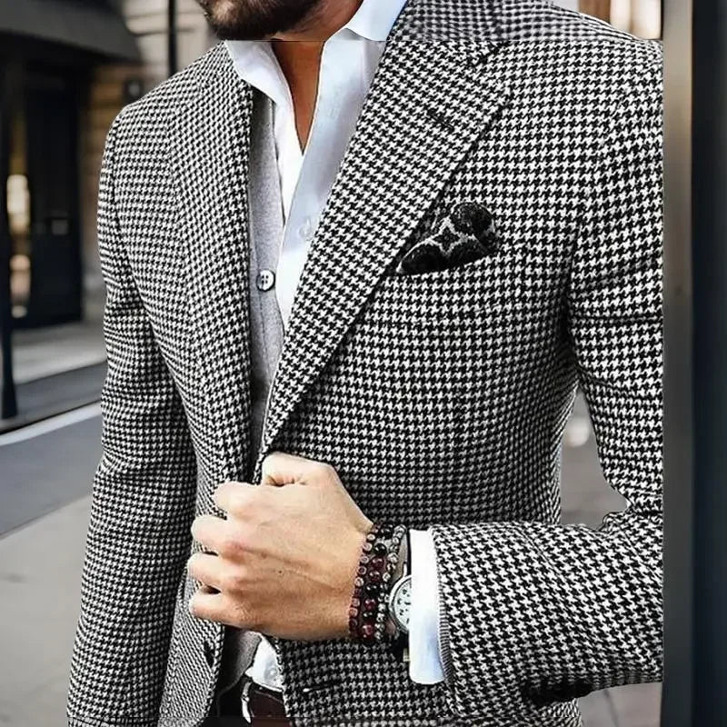 Slim Fit Men's Blazer Houndstooth Casual Italian Style Man Suit Jacket Notched Lapel 1 Pc Check Wedding Coat For Prom Party 2025