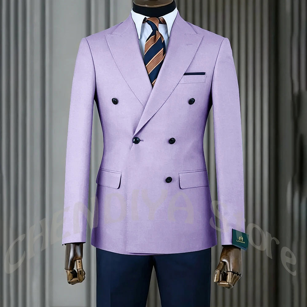 Stylish Men Suits Contrast Color Formal Blazer Male Clothing Double Breasted Business Casual Party Prom Jacket Pants Navy Blue