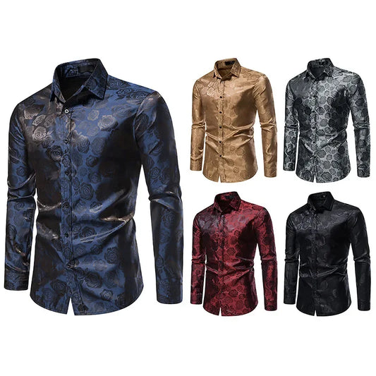 Black Rose Print Mens Shirts Luxury 2023 Long Sleeve Floral Paisley Silk Business Party Wedding Shirt Men Clothing Chemise Homme