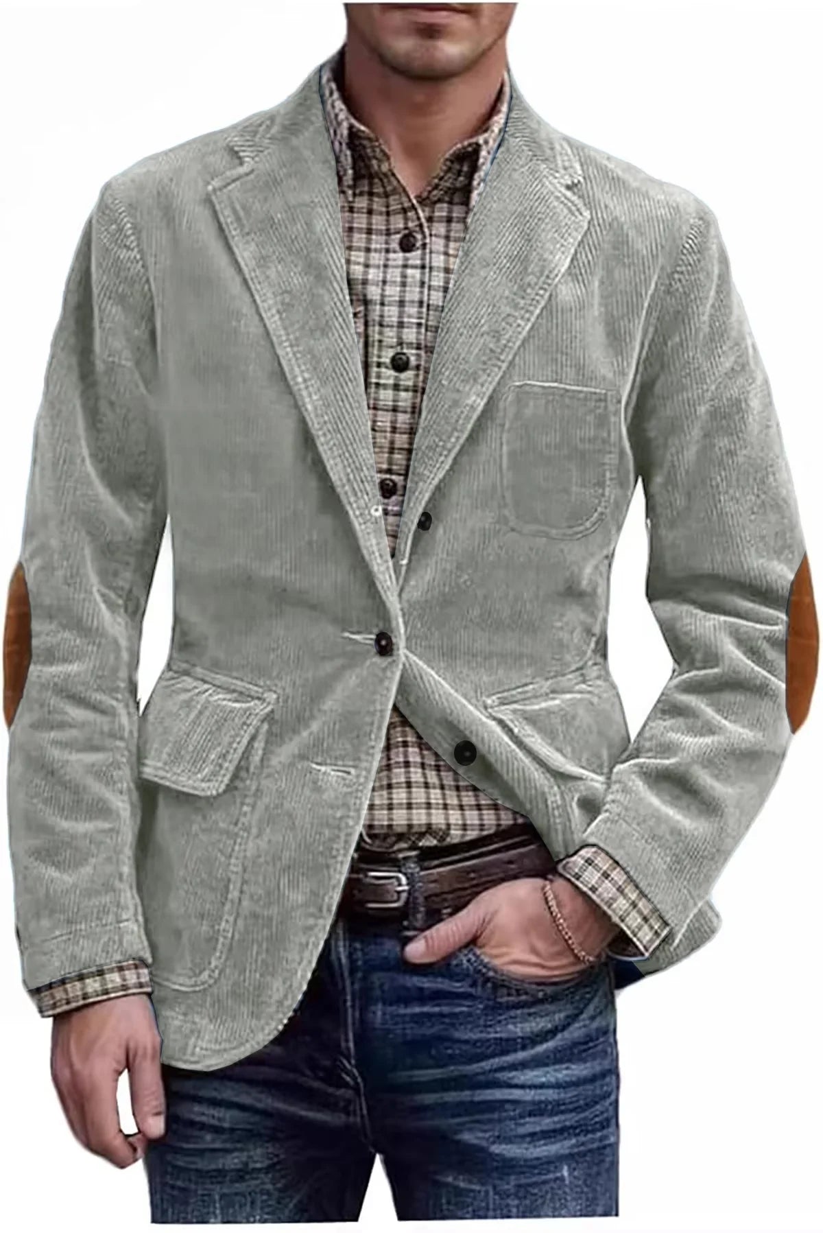 Men's Hunting Corduroy Blazer with Elbow Patches Vintage Tan Notched Lapel Casual Jacket British Slim Fit Daily Work Suit Coat