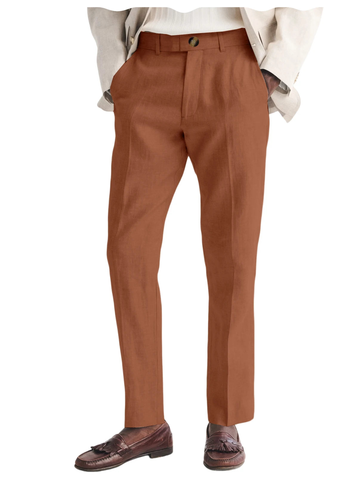 Men's Linen Straight Fit Pants Wrinkle-Resistant Lightweight Breathable Flat-Front Casual Trousers Expandable-Waist For Summer