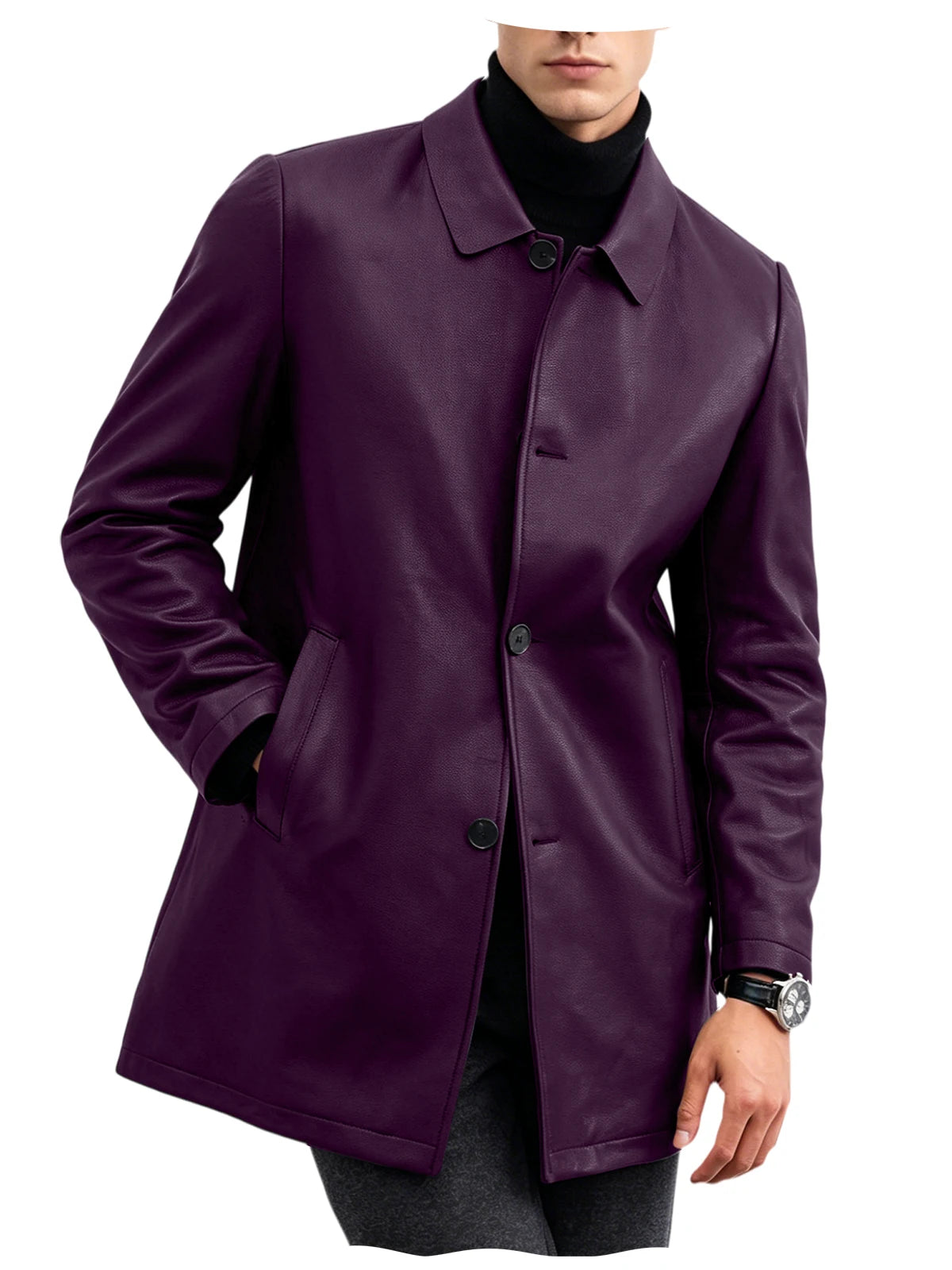 Men Premium Leather-Like Trench Coat Turn-Down Collar Single Breasted Mid-Length Overcoat Classic Slim Fit Business Casual Wear