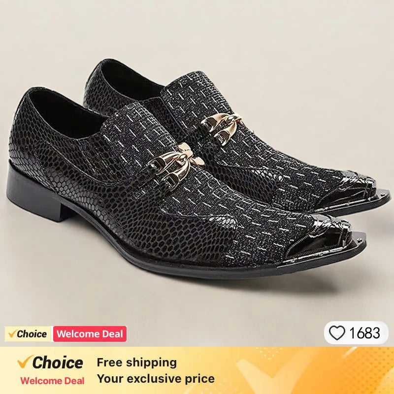 Spring and Autumn Python skin Metal Chain Fashion Shoes Cap Man Commercial affairs Banquet Marry Formal Wear Leather Shoes Black