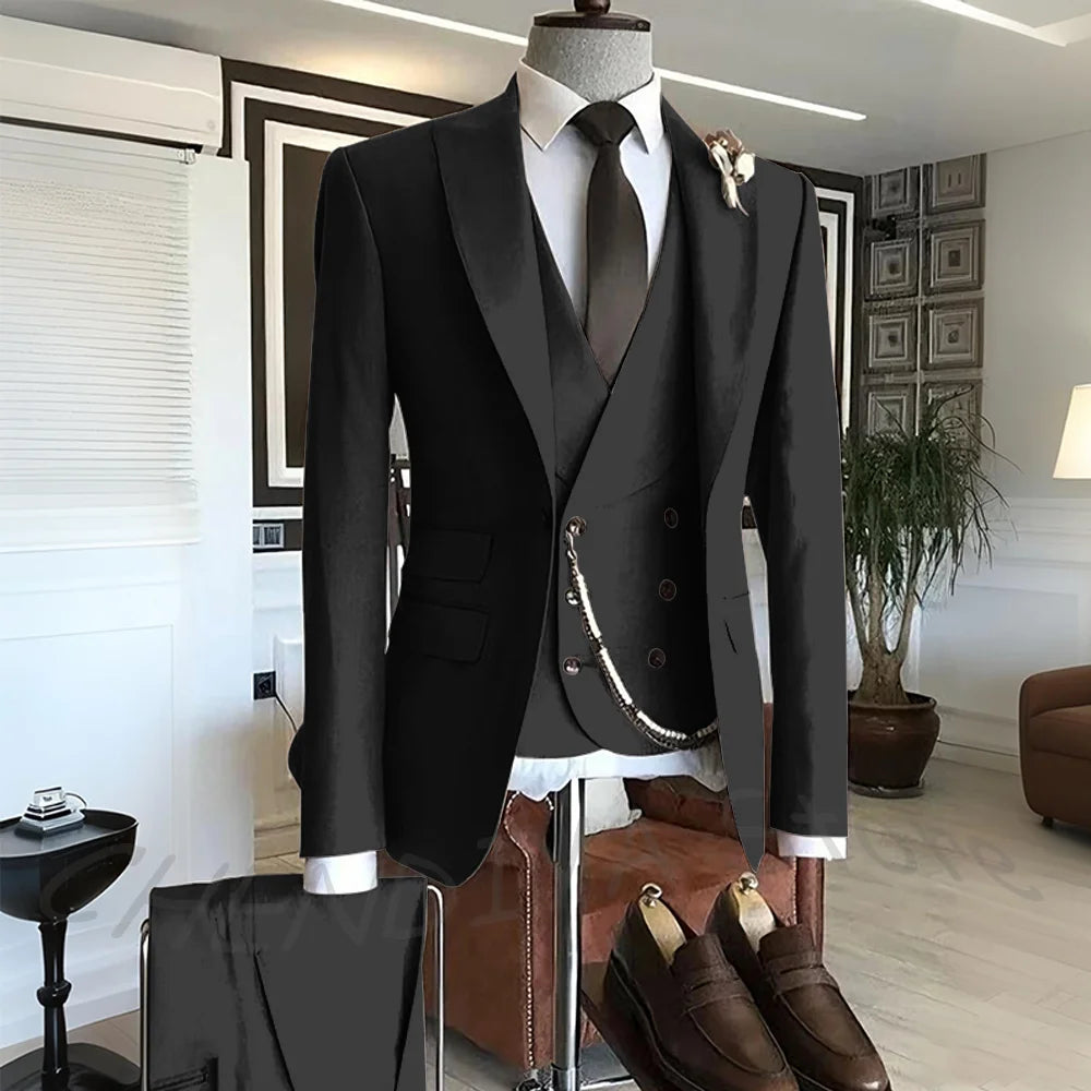 Men's Suit Formal Set 3 Piece Chic Single Button Peak Lapel Slim Fit Outfit Jacket Pants Vest High Quality Business Casual