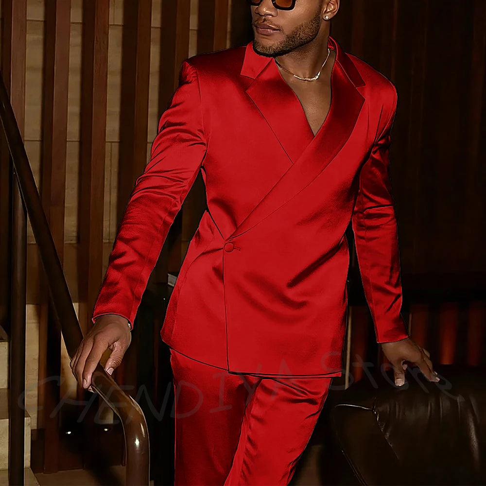 Fashion Notch Lapel Satin Men Suit High Quality Single Button Slim Fitted Outfit Jacket Pants Model Show Party Prom Male Set