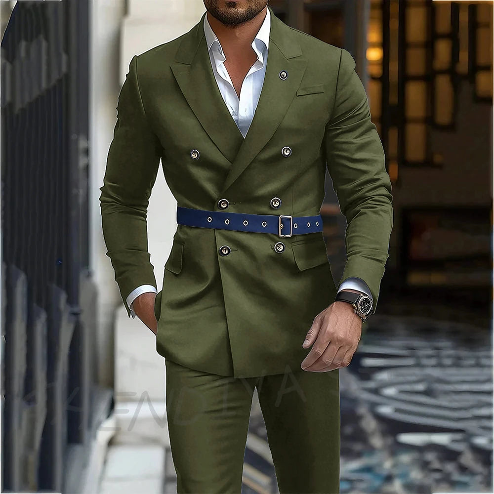 Navy Blue Men's Suit Classic Peak Lapel Blazer Double Breasted Formal Set Two Piece Business Casual Male Clothing Without Belt