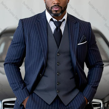 Tibetan Blue Stripe Men Suit Single-breasted Peak Lapel 3 Pieces(Jacket+Pants+Vest) Male Formal Wedding Party Set