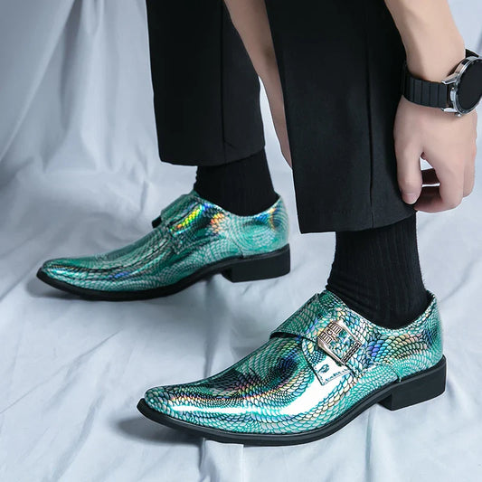 Luxury Glitter Leather Chelsea Shoes Men Green Pointed Toe Slip-on Casual Men's Wedding Party Shoes Social Elegant Man Moccasins