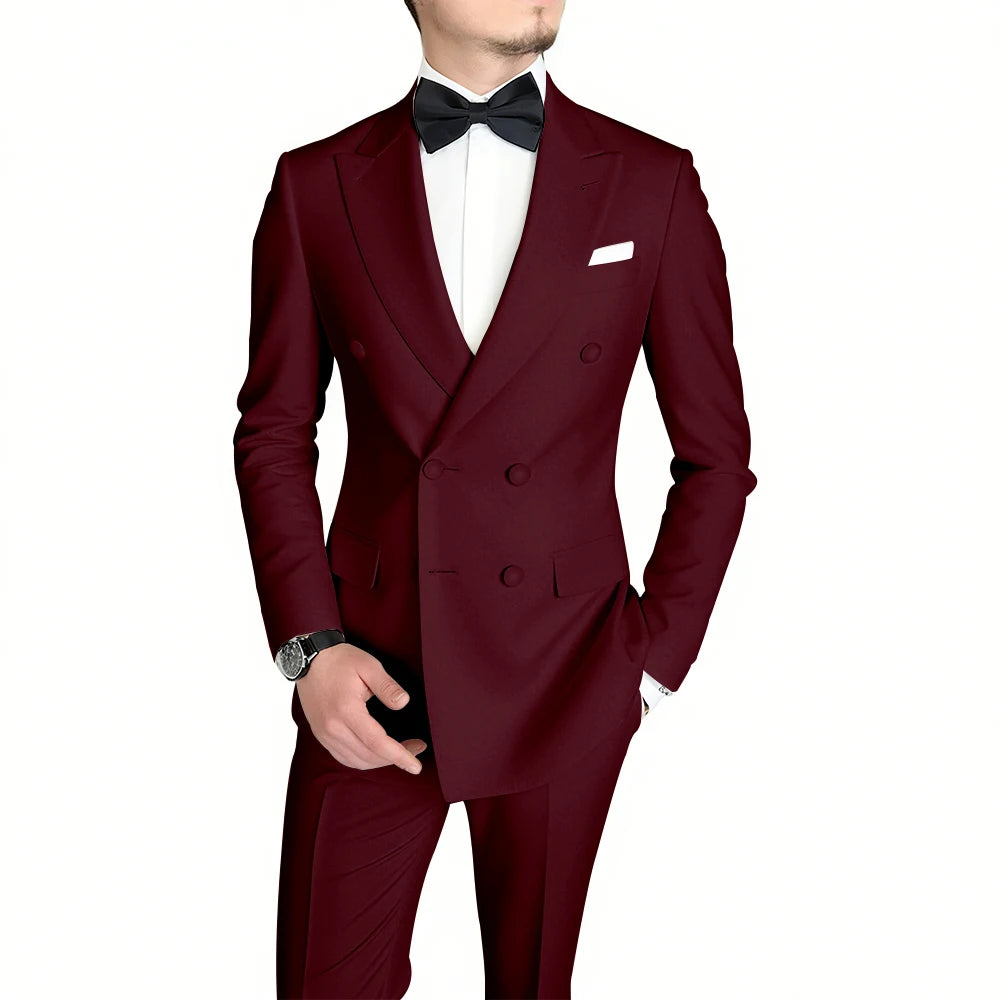 Classic Black Men's Suit Fashion Peak Lapel Double Breasted Outfits Wedding Groom Prom Business Formal Suit (Jacket+Pants)
